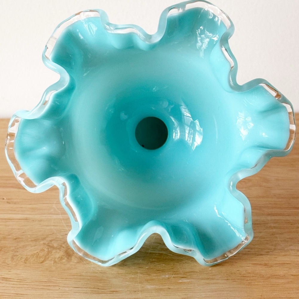 Vintage Fenton Silver Turquoise Crest Crimped Compote MCM Pedestal Bowl - Picture 10 of 16
